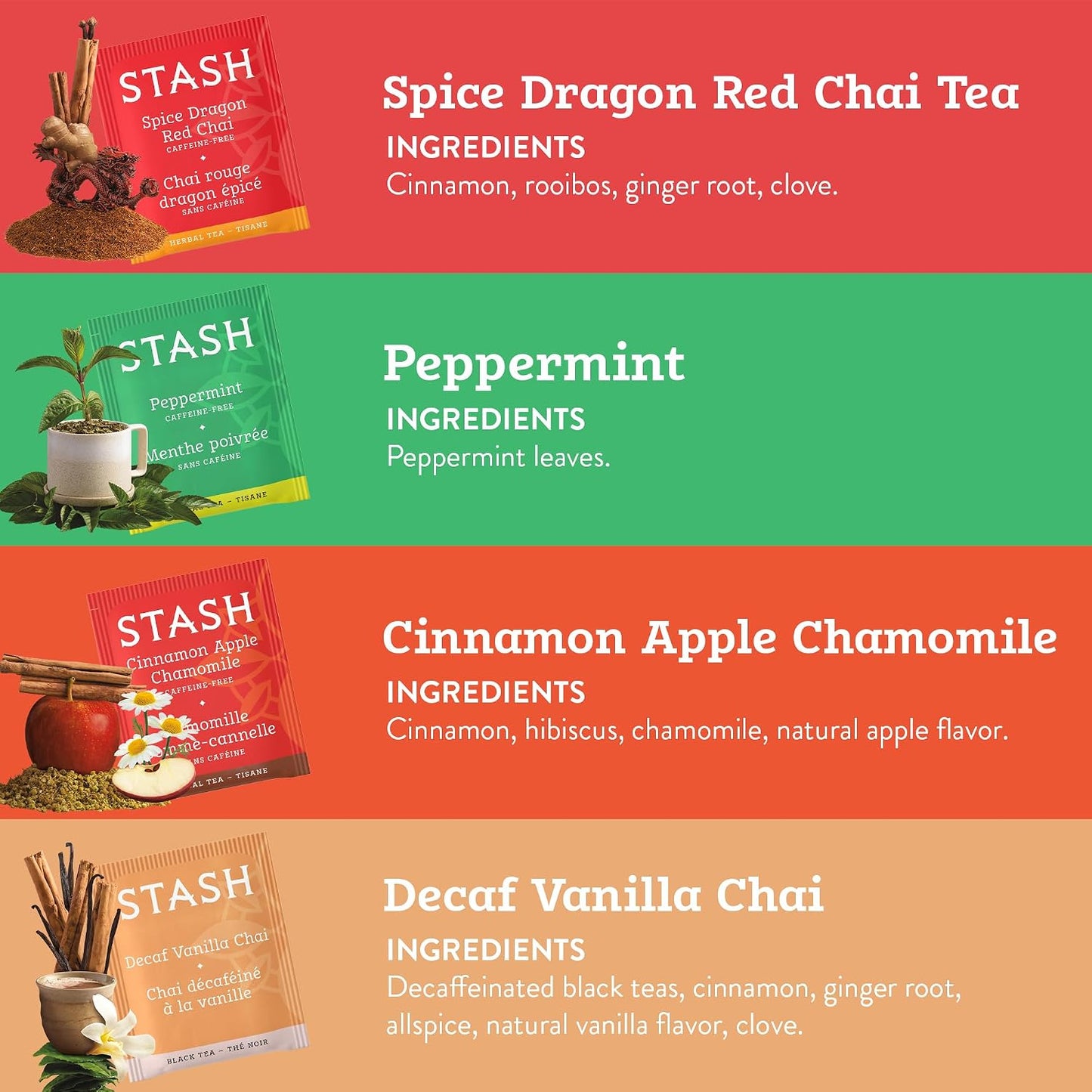 Stash Tea Soothing Herbal Tea 6 Flavor Variety Pack, 6 Boxes With 18-20 Tea Bags Each