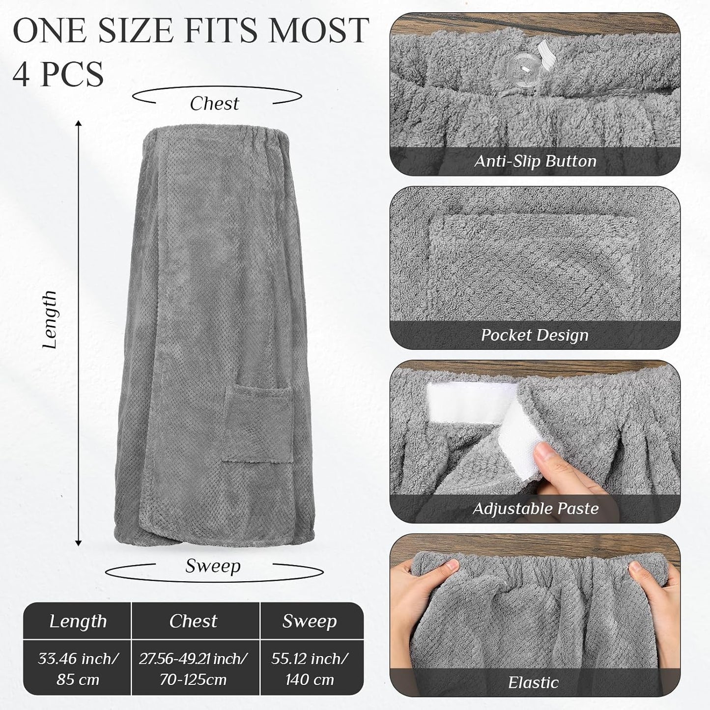 Tigeen 4 Pcs Spa Wraps for Women Waffle Spa Robe with Pocket Adjustable Closure Lightweight Towel Wraps for Bath Shower(Black)