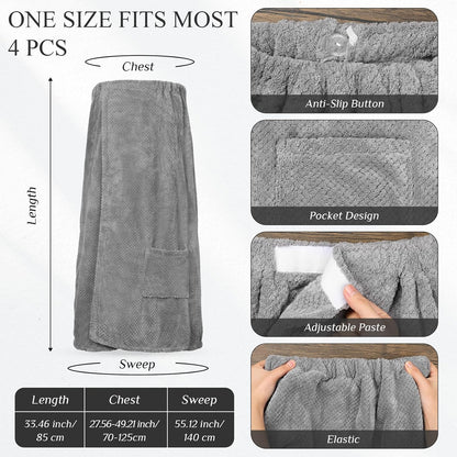 Tigeen 4 Pcs Spa Wraps for Women Waffle Spa Robe with Pocket Adjustable Closure Lightweight Towel Wraps for Bath Shower(Black)