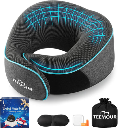 Travel Pillow Neck Pillow for Airplane Travel Essentials - Memory Foam Travel Neck Pillow, Stops Head Bobbing With Eye Mask & Earplugs, Portable Carry Bag for Long Flights| Airplane Accessories Black