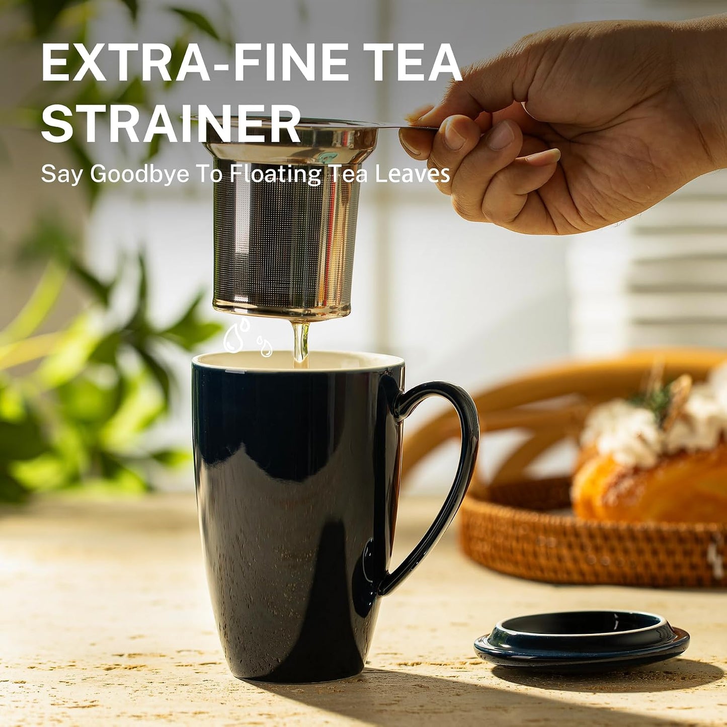 Sweese 15oz Porcelain Tea Mug with Infuser and Lid – Microwave Safe, Ergonomic Handle, Lead-Free Glaze, for Loose Leaf Tea