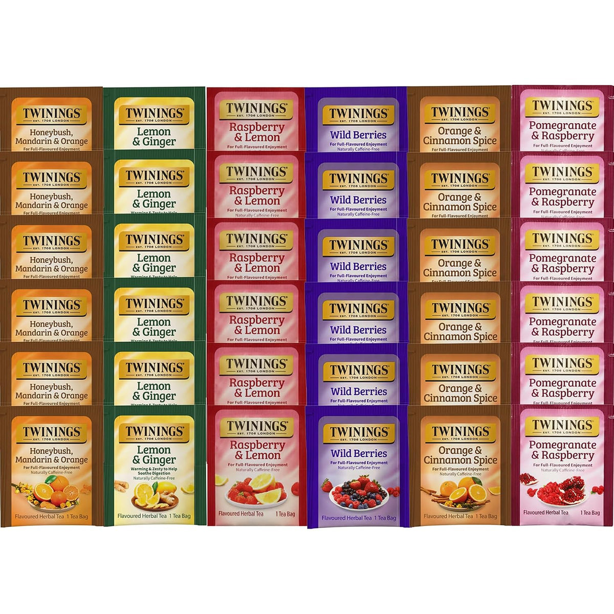 Twinings Berry and Fruit Herbal Tea Bag Variety Sampler Box, 6 Flavors, 36 Count, Individually Wrapped Bags, Caffeine Free, A Gift to Enjoy Hot or Iced