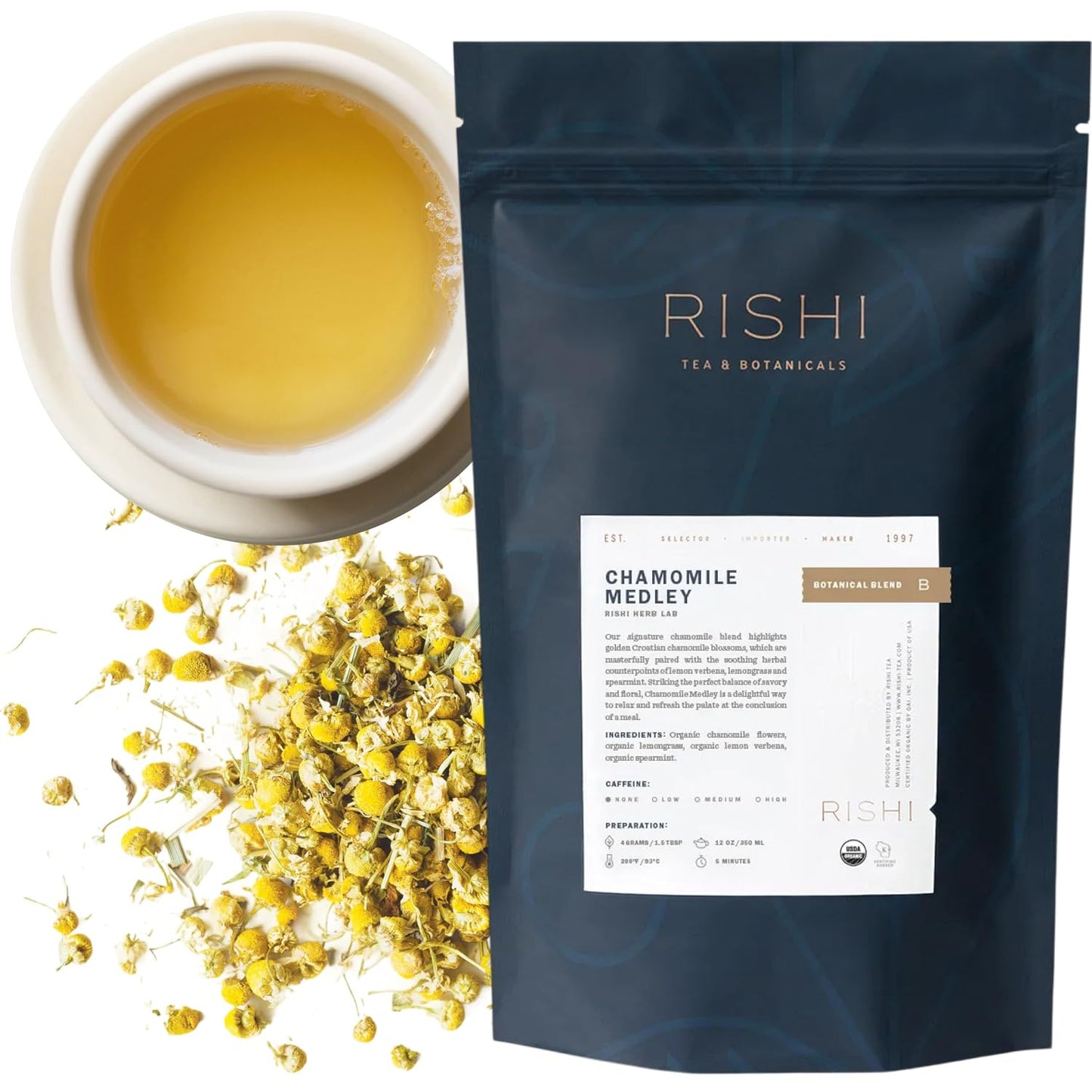 Rishi Tea Chamomile Medley Herbal Tea - Organic, Caffeine Free Sachet Bags, Calming Chamomile Flowers with Lemon Verbena & Mint - 15 Count (Pack of 1)
