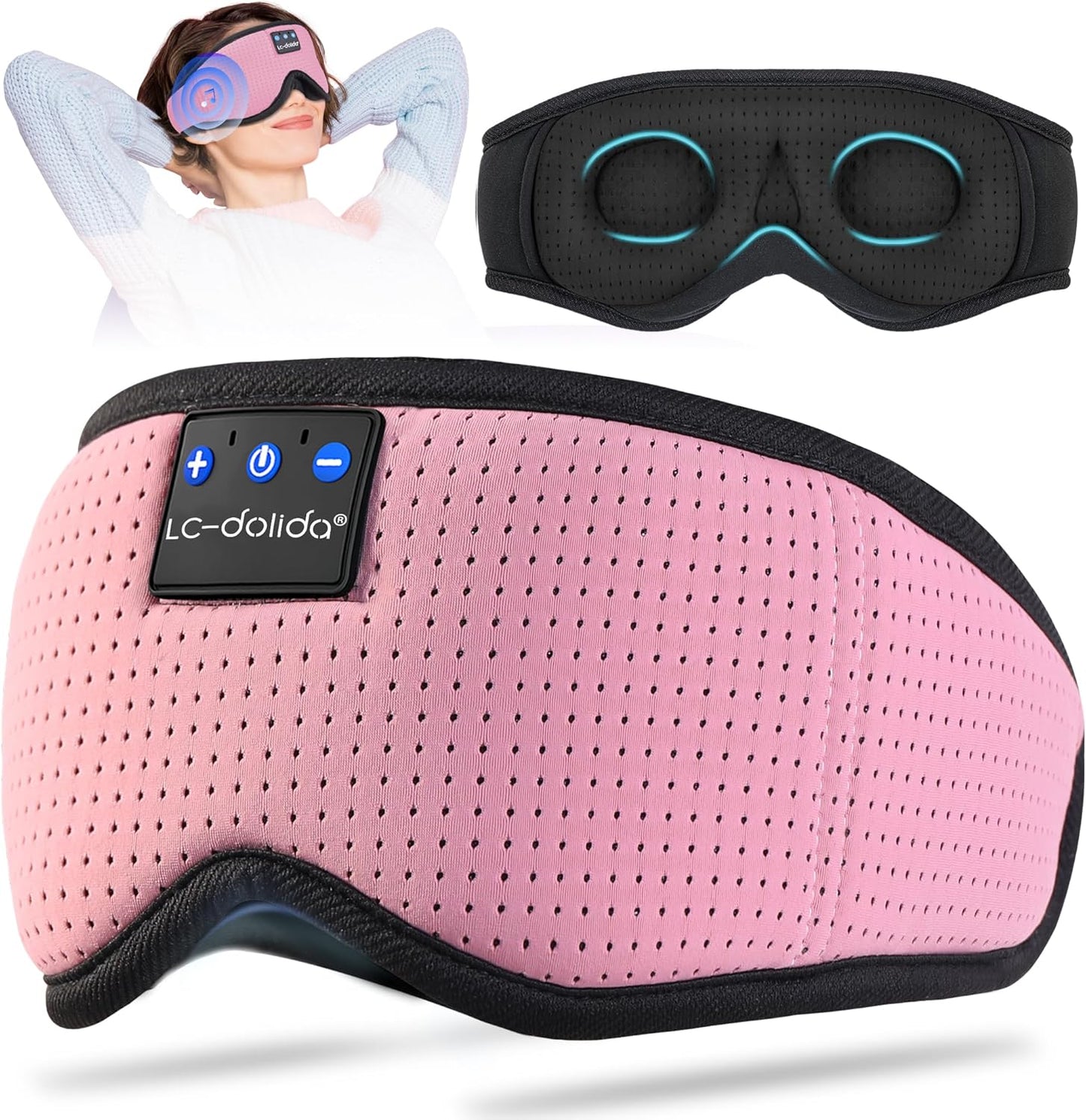 LC-dolida Sleep Headphones, 3D Sleep Mask Bluetooth Wireless Music Eye Mask, Sleeping Headphones for Side Sleepers Sleep Mask with Bluetooth Headphones Ultra-Thin Stereo Speakers Perfect for Sleeping