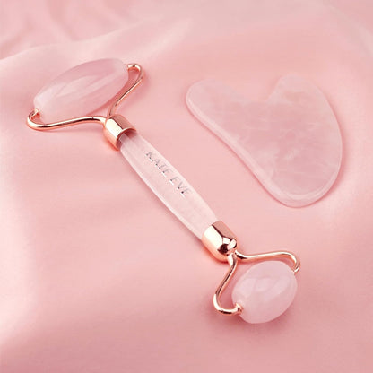 Kate Eve Rose Quartz Face Roller and Gua Sha Set, 100% Natural Brazilian Rose Quartz Facial Massage Tools, Luxury Skincare Gift Box