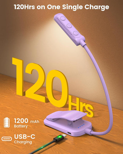 Glocusent 13 LED Reading Lights for Books in Bed, Eye-Caring Rechargeable Book Light 3 Amber Colors & Stepless Dimming, 120 Hrs Runtime, Travel Clip on Reading Lamp, Gifts for Book Lover Men Women Kid