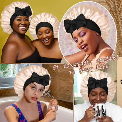 Satin Bonnet for Sleeping Cap Double Layer Hair Bonnet with Elastic Tie Band for Curly Hair Night Cap (Bean Paste + Pink)