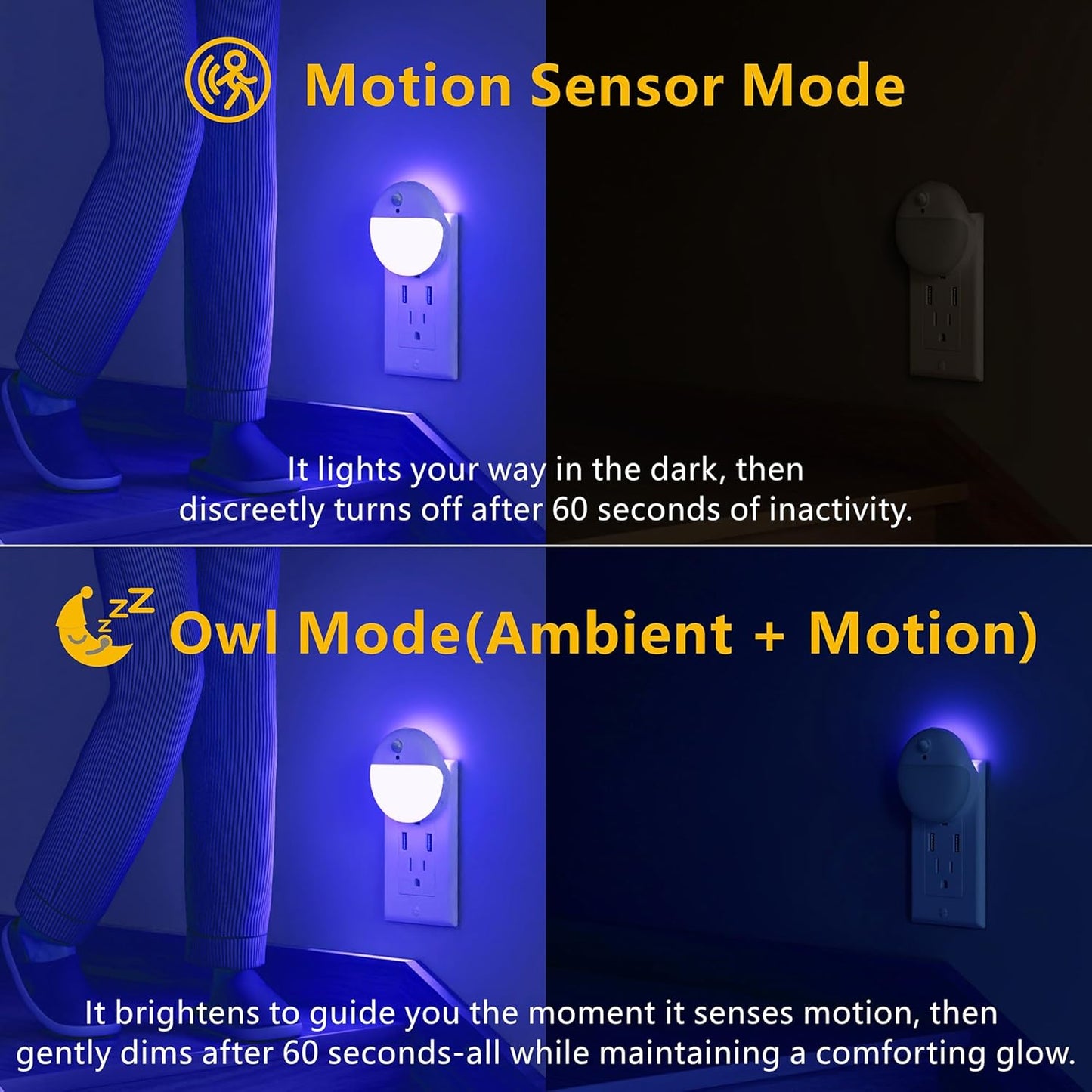 YUNLEX 2 Pack Plug in Sleep Night Light with Motion Sensor and Dusk to Dawn Sensor, 3 Modes, Soft Glow, Stepless Dimming, LED Lights for Bedroom, Sleep, Baby Nursery, Kids, Toddler, Home Decor (Amber)
