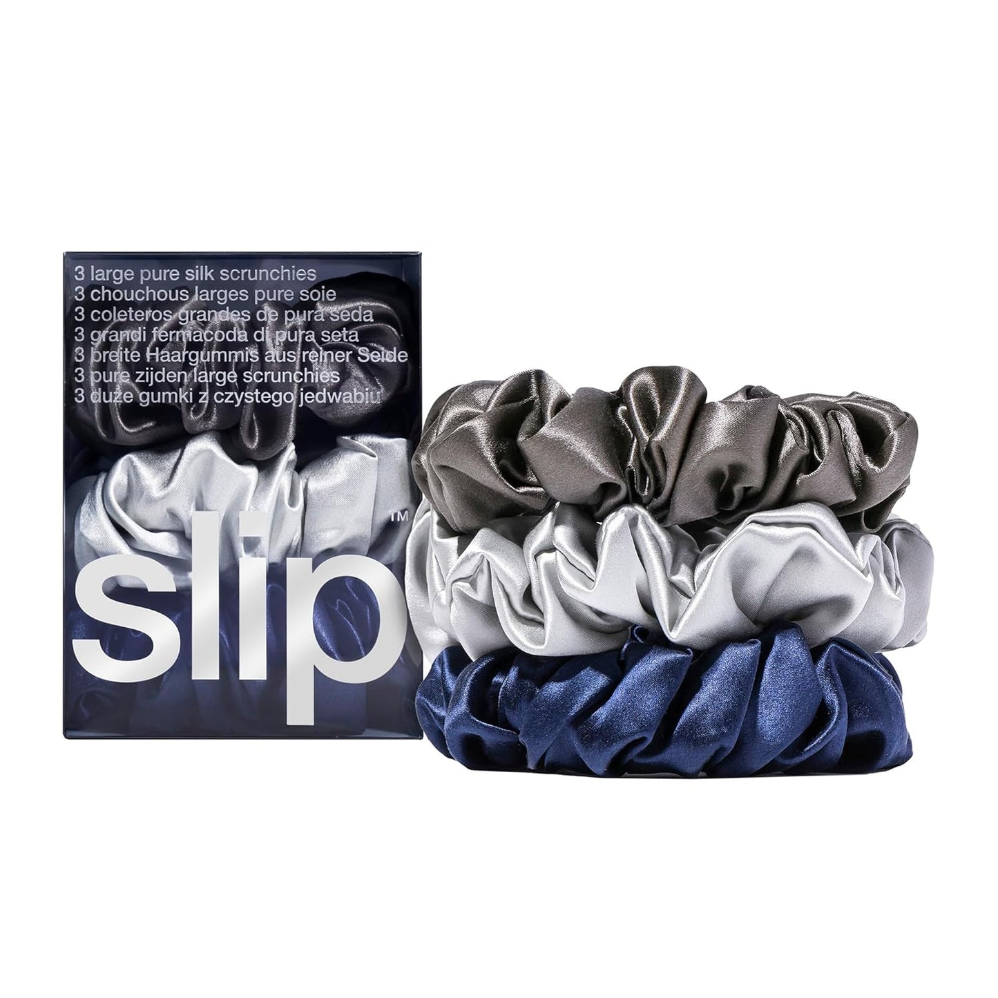 slip Large Scrunchie Multi | Set of 3 Pure Silk Large Scrunchies | Includes 1 Pink, 1 Caramel, 1 Black | 100% Mulberry Silk, Anti-Crease, Gentle on Hair, Reduces Breakage | Stylish & Durable