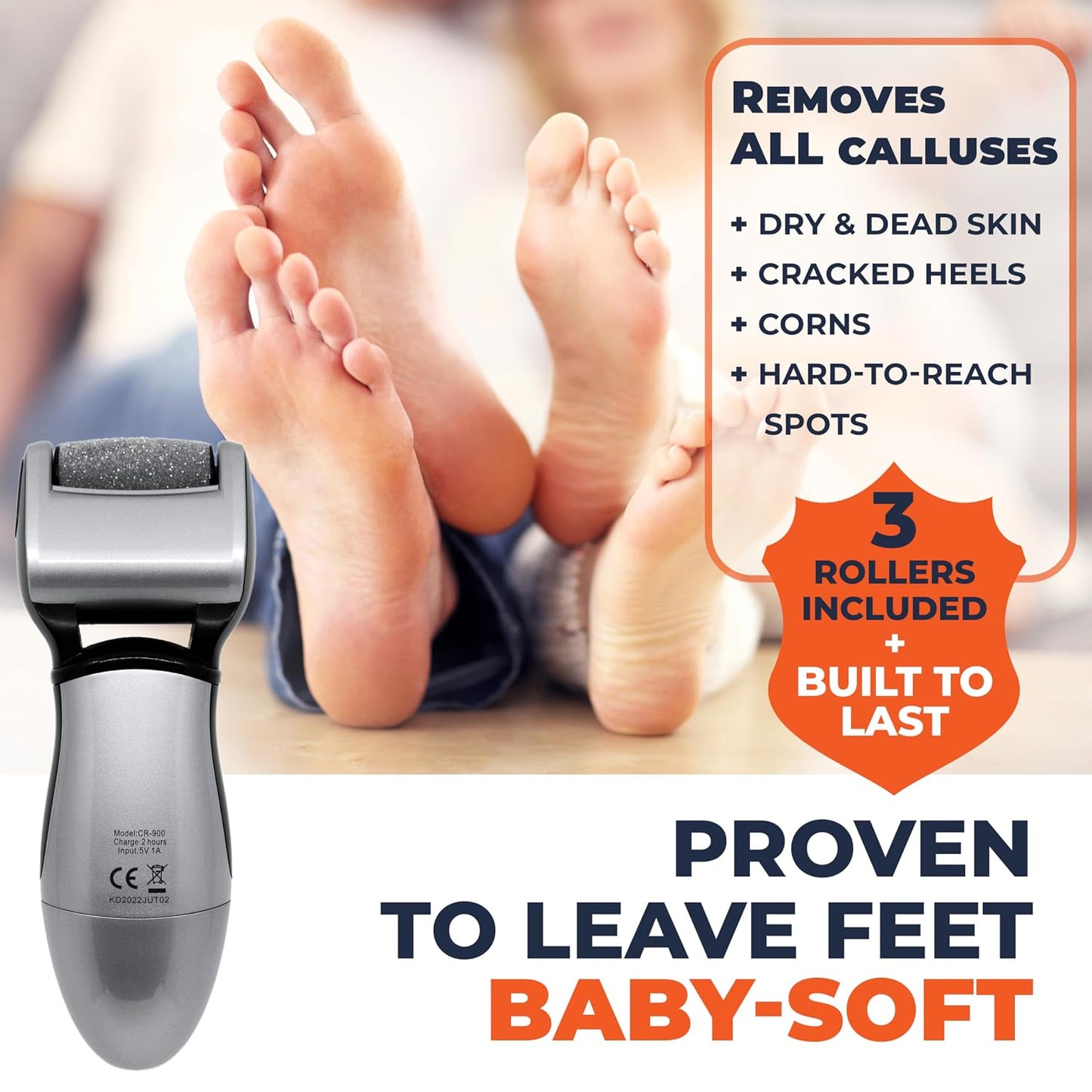 Electric Callus Remover: Rechargeable Electronic Foot File CR900 by Own Harmony (Powerful Motor) Best Pedicure Tools w 3 Rollers Professional Pedi Feet Care Sander for Cracked Heels and Hard Skin