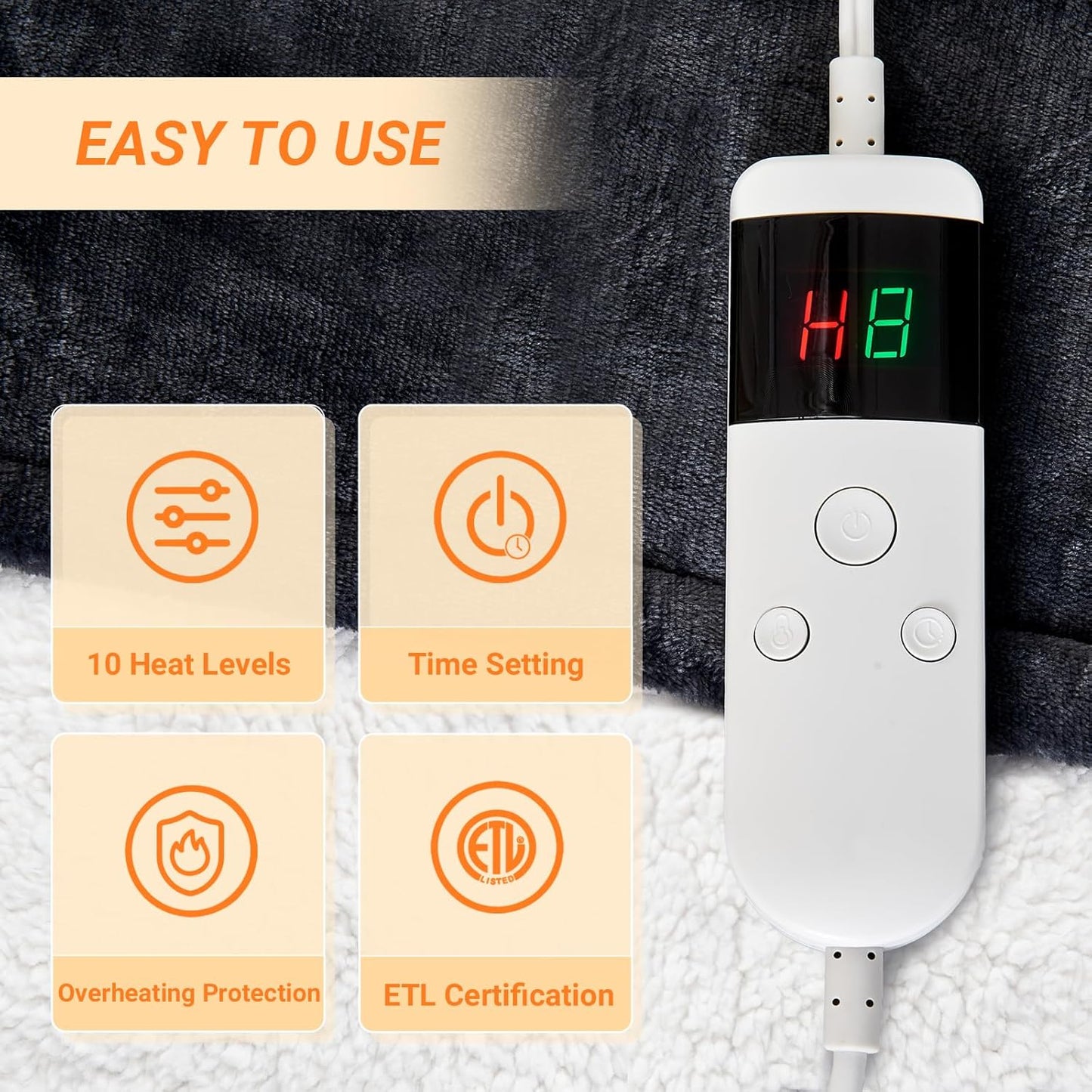 Electric Blanket Heated Throw, Soft Flannel 50"x60" Heating Blanket with 8 Hours Auto Off 10 Fast Heating Levels Machine Washable Sherpa Heated Blanket with Overheating Protection