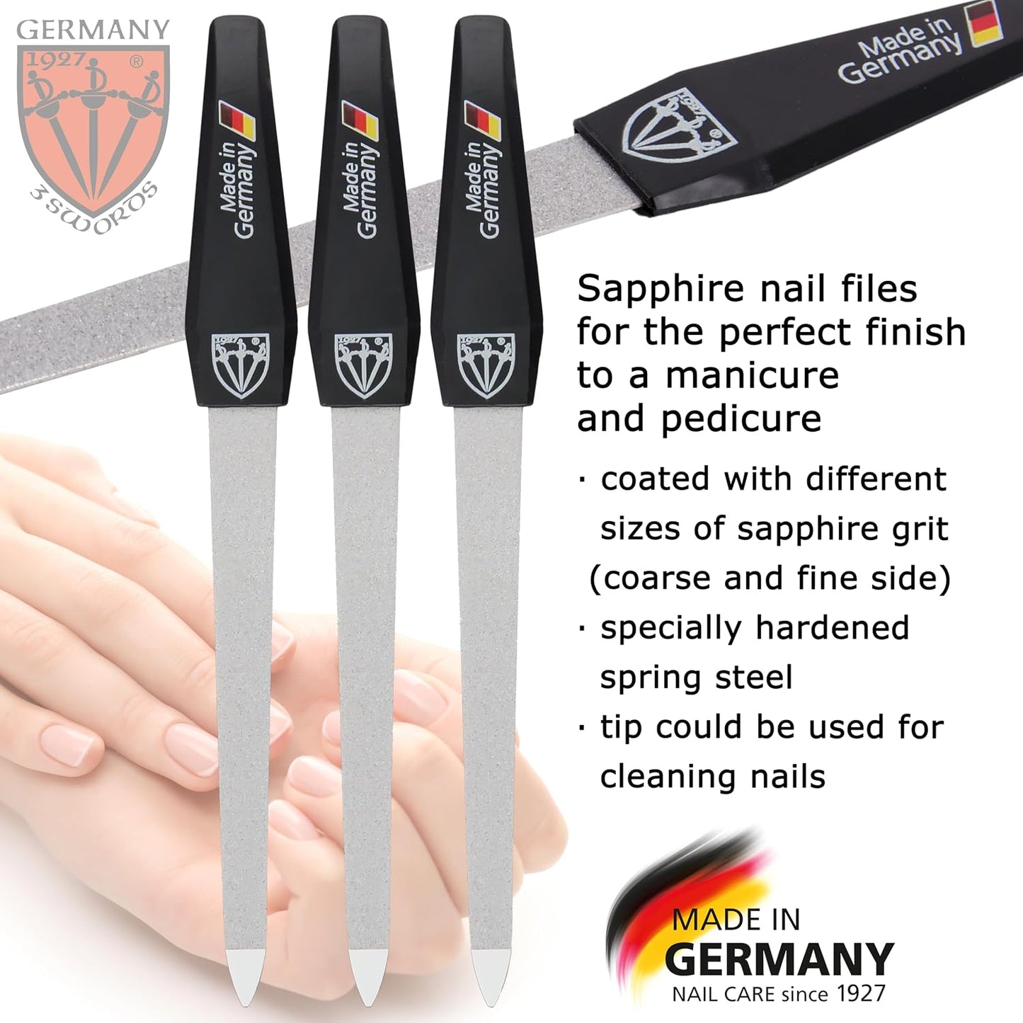 3 Swords Germany - Brand Quality Sapphire Metal Nail File Set (5 pcs.) with 3-Way Nail Buffer (1 pc.), Manicure Pedicure Finger & Toe Nail Care - Made in Solingen Germany (671)
