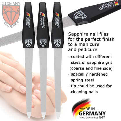 3 Swords Germany - Brand Quality Sapphire Metal Nail File Set (5 pcs.) with 3-Way Nail Buffer (1 pc.), Manicure Pedicure Finger & Toe Nail Care - Made in Solingen Germany (671)