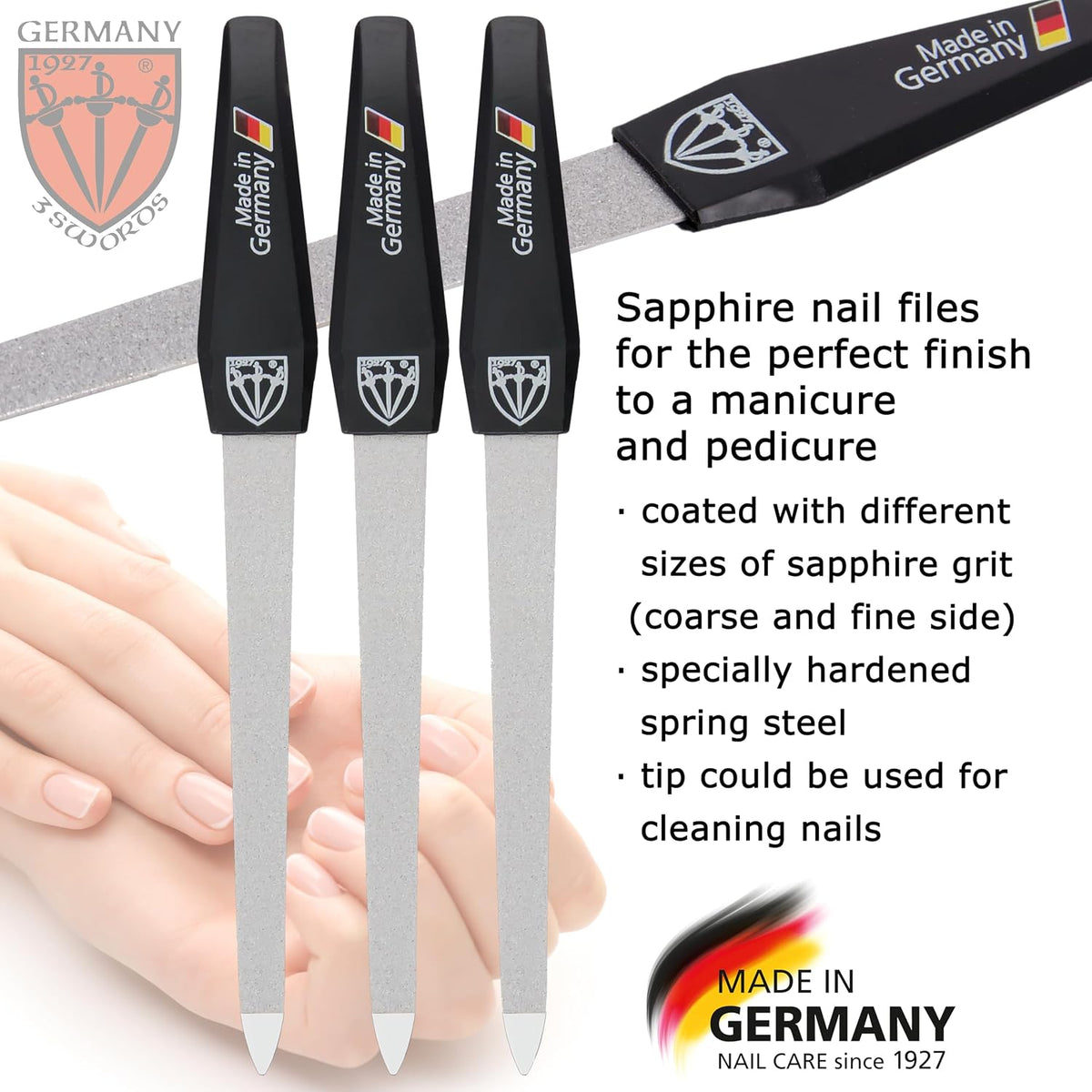 3 Swords Germany - Brand Quality Sapphire Metal Nail File Set (5 pcs.) with 3-Way Nail Buffer (1 pc.), Manicure Pedicure Finger & Toe Nail Care - Made in Solingen Germany (671)