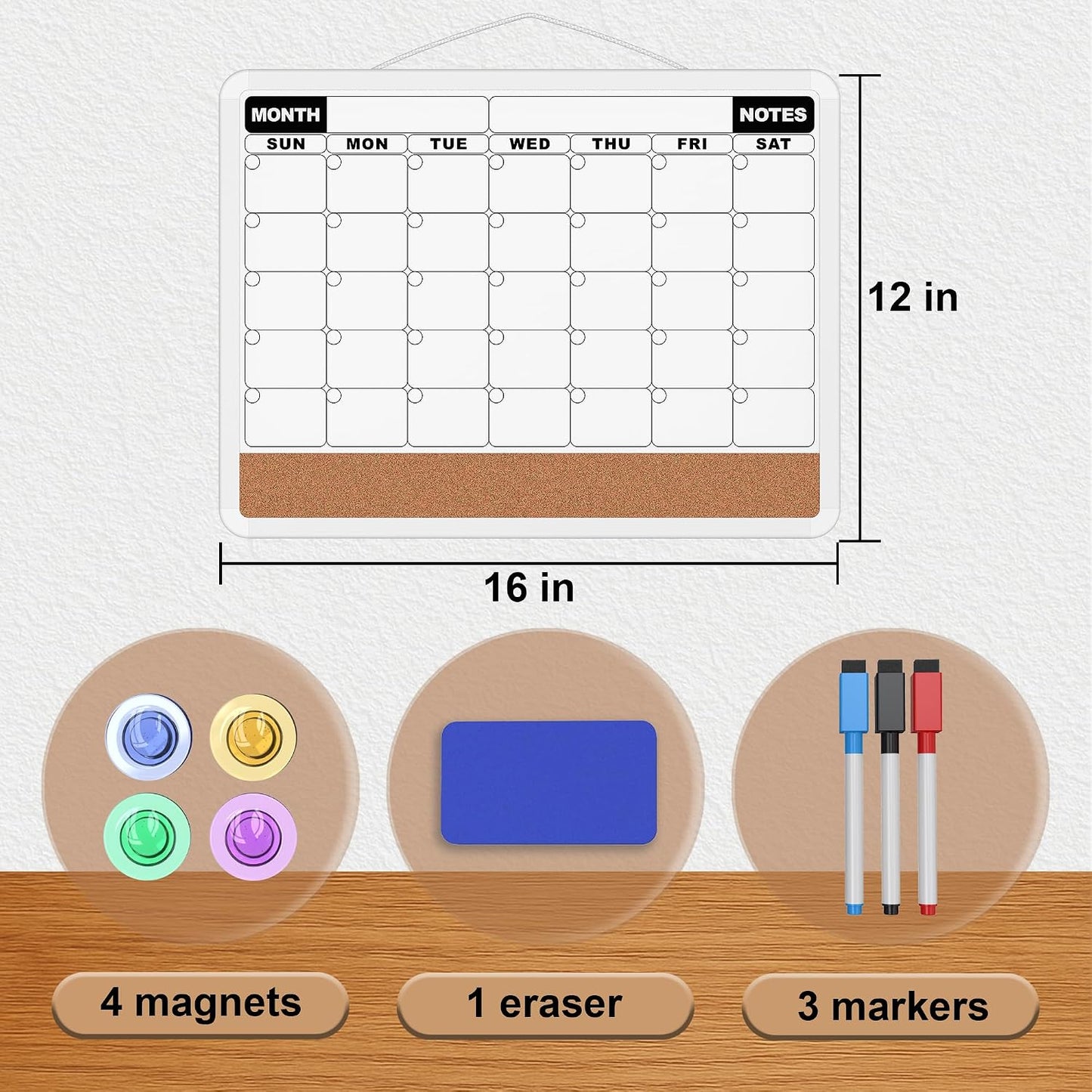 Monthly Calendar Dry Erase Board 16x12 Inch, Double-Sided Whiteboard and Corkboard Combo, Wall Mounted Planner Organizer with Markers, Magnets, Push Pins, Eraser, for Home Office School