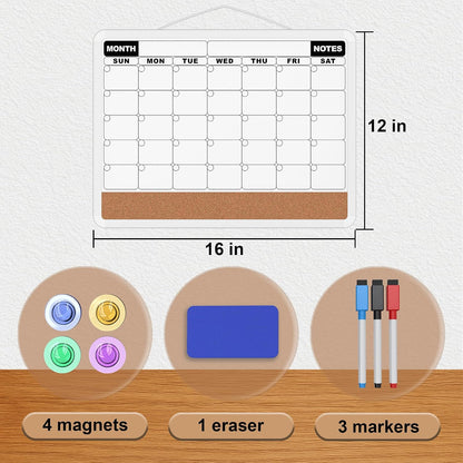 Monthly Calendar Dry Erase Board 16x12 Inch, Double-Sided Whiteboard and Corkboard Combo, Wall Mounted Planner Organizer with Markers, Magnets, Push Pins, Eraser, for Home Office School