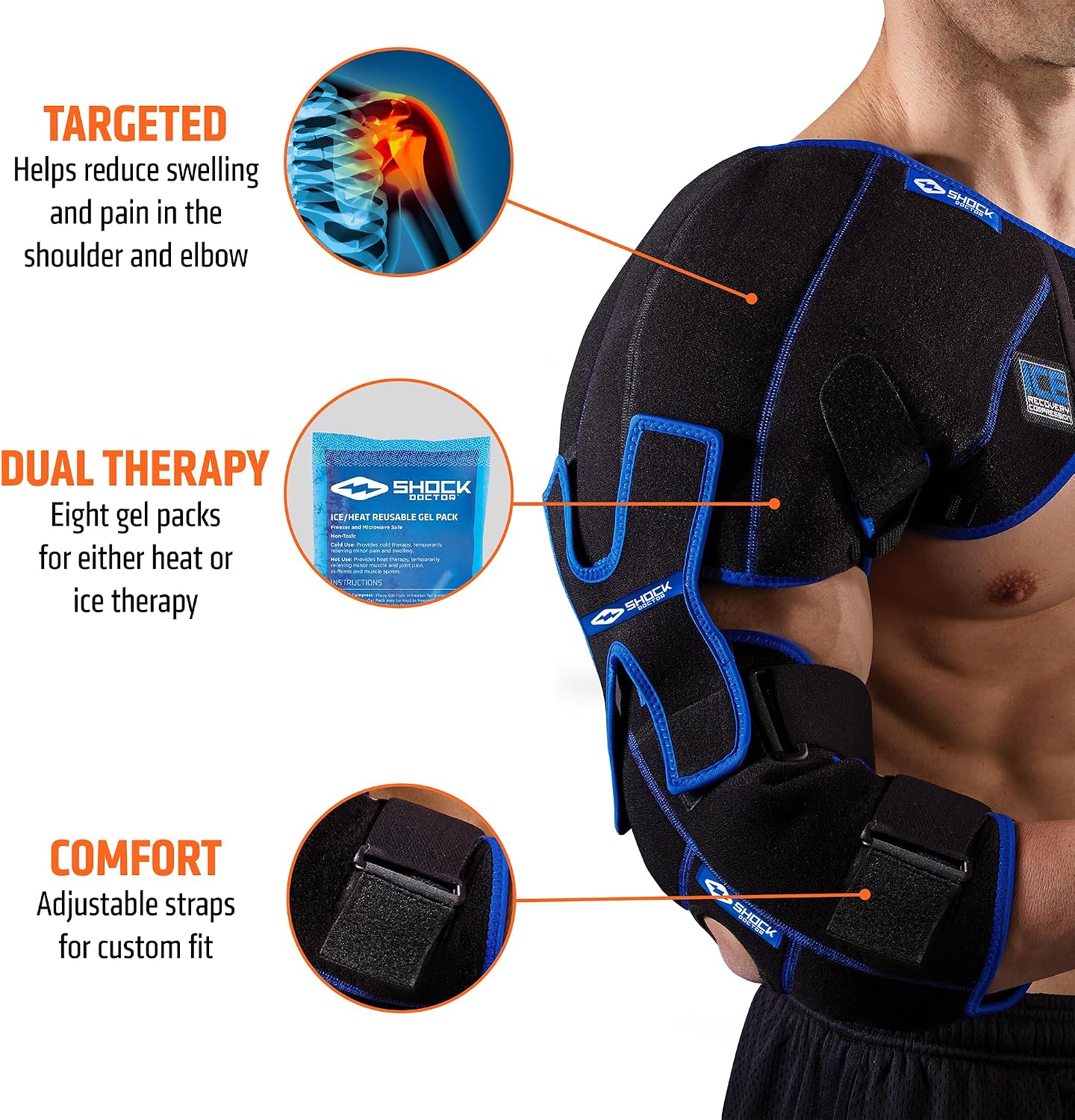 Shock Doctor ICE/Heat Recovery Compression Shoulder & Elbow Wrap Brace, Reusable Gel Ice Packs for Injuries, Hot Cold Therapy