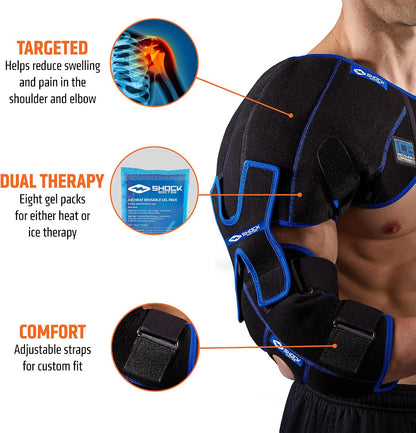 Shock Doctor ICE/Heat Recovery Compression Shoulder & Elbow Wrap Brace, Reusable Gel Ice Packs for Injuries, Hot Cold Therapy