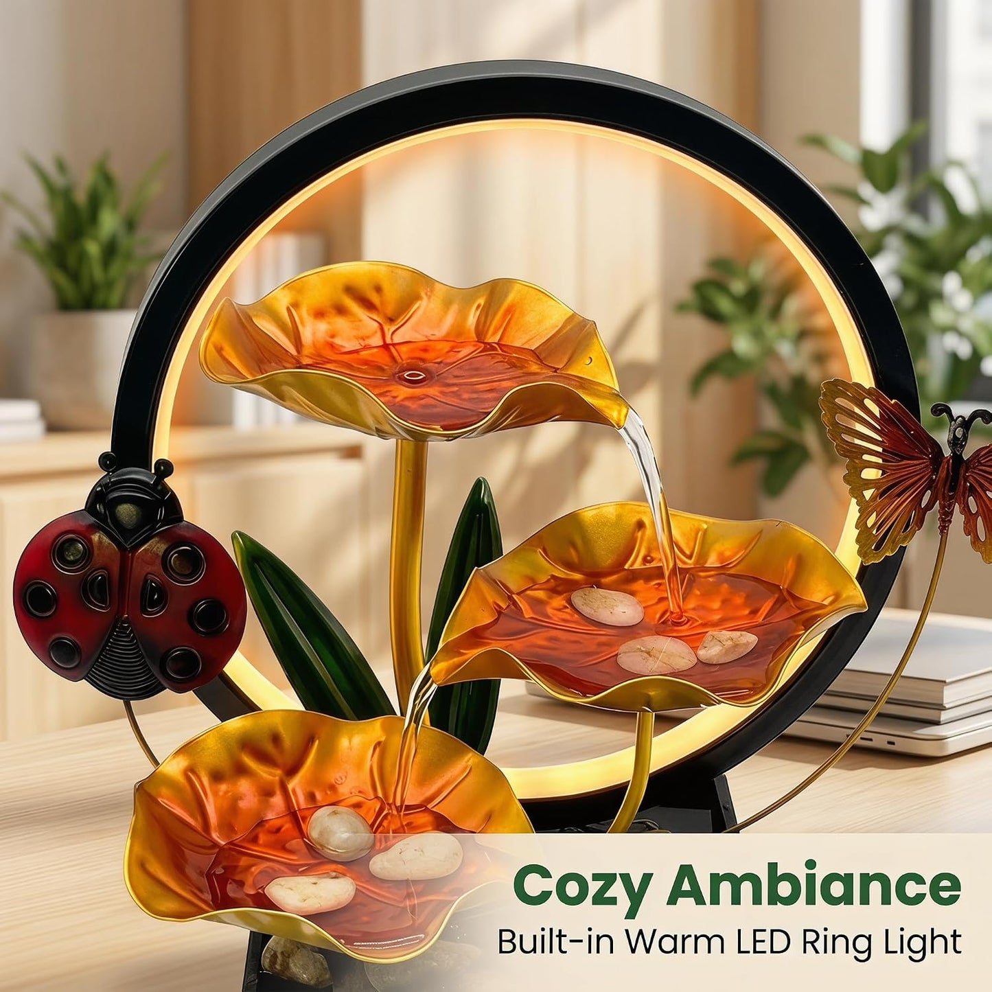 Tabletop Fountain,Indoor Water Fountain,Home Fengshui Décor Zen Relaxation Soothing Sound Machine for Office,Living Room,or Bedroom,Green Lotus,Hummingbird & Pink Flower,9.1inch
