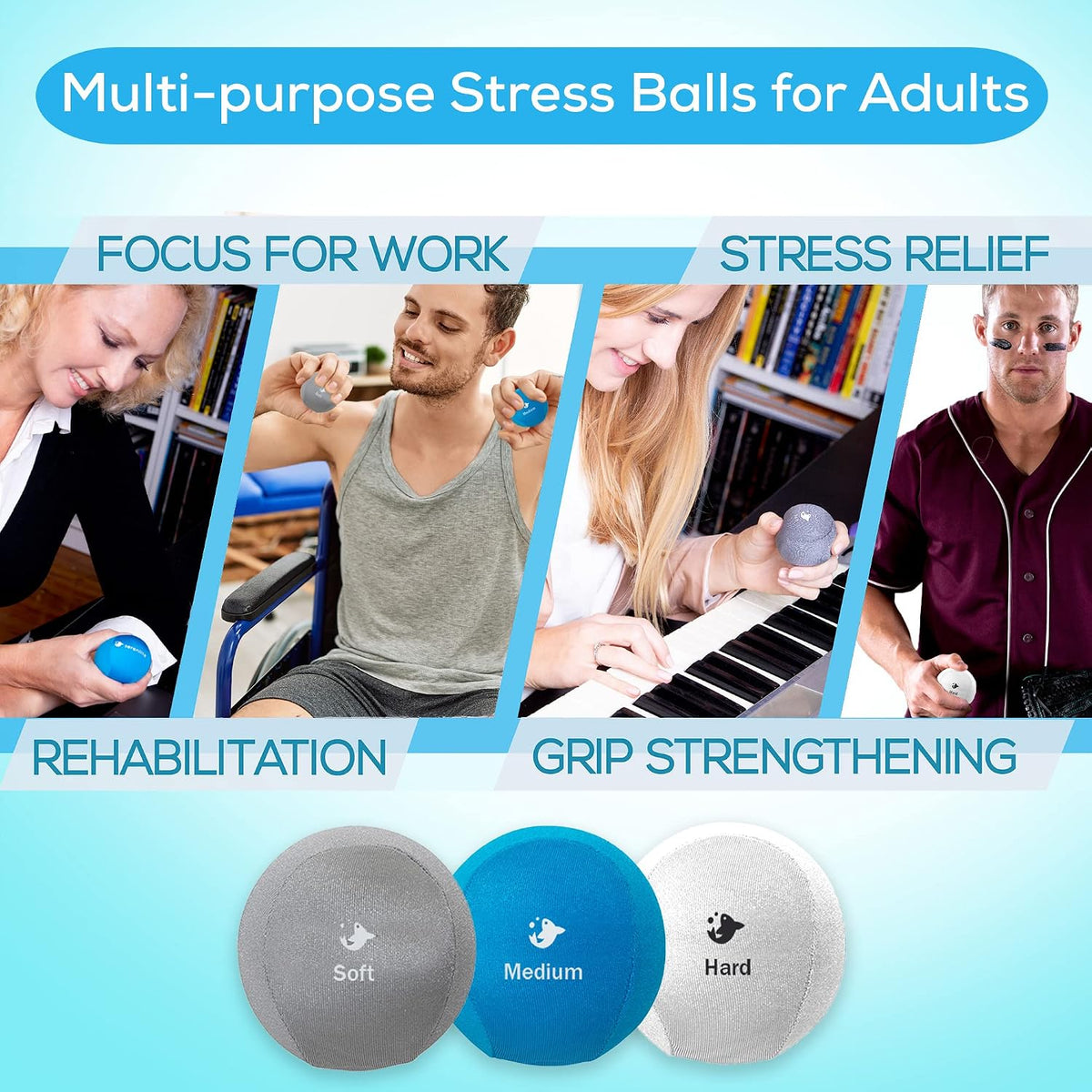 Serenilite Hand Therapy Exercise Stress Ball Bundle - Tri-Density Stress Balls for Adults & Grip Strengthening