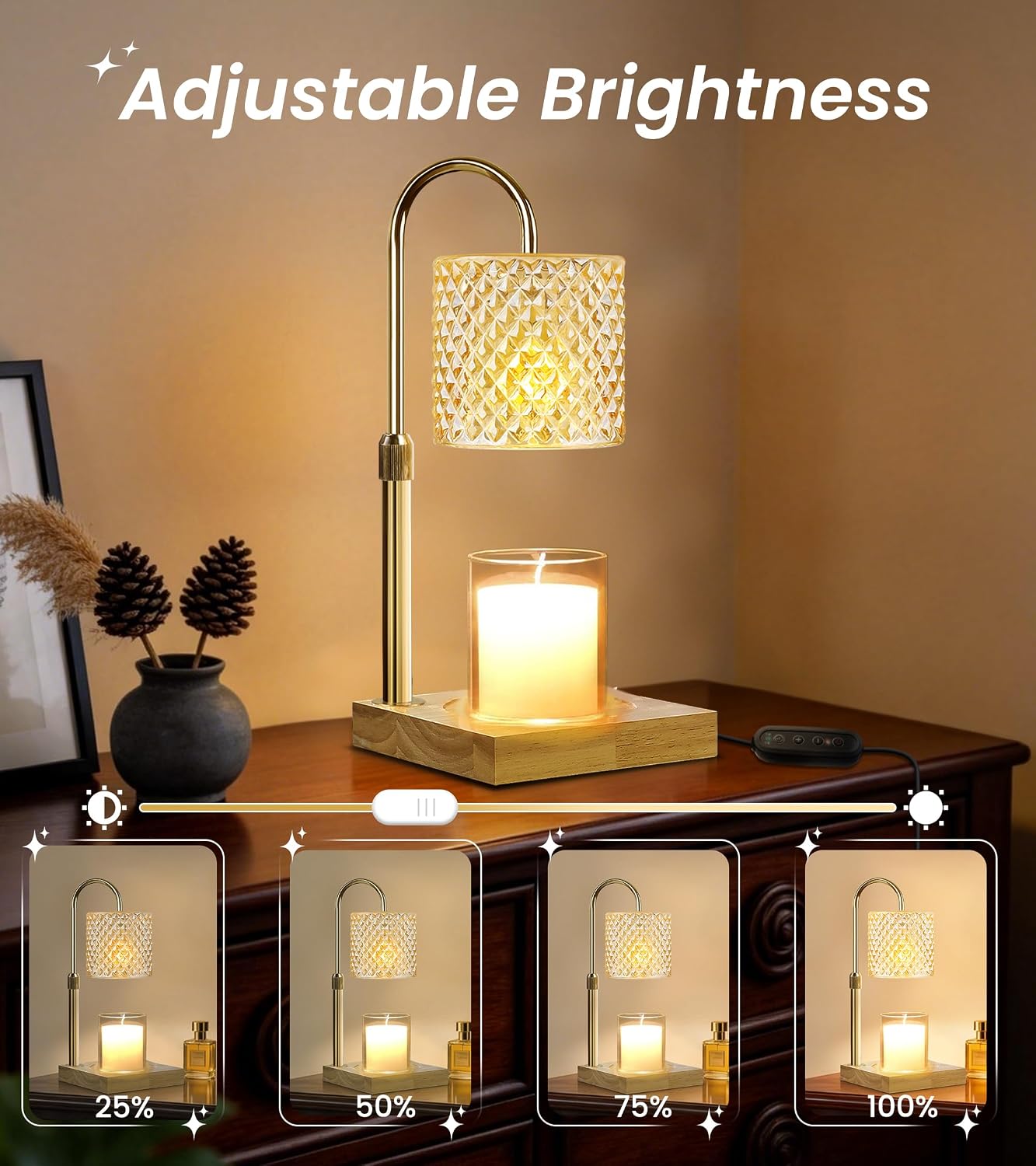 TigQiang Candle Warmer Lamp with Timer Dimmer, Birthday Gifts for Women Mom, House Warming Gifts, Elegant New Home Decor, Wax Warmer for Jar Candles, Heater Lamp for Scented Wax, Amber Glass