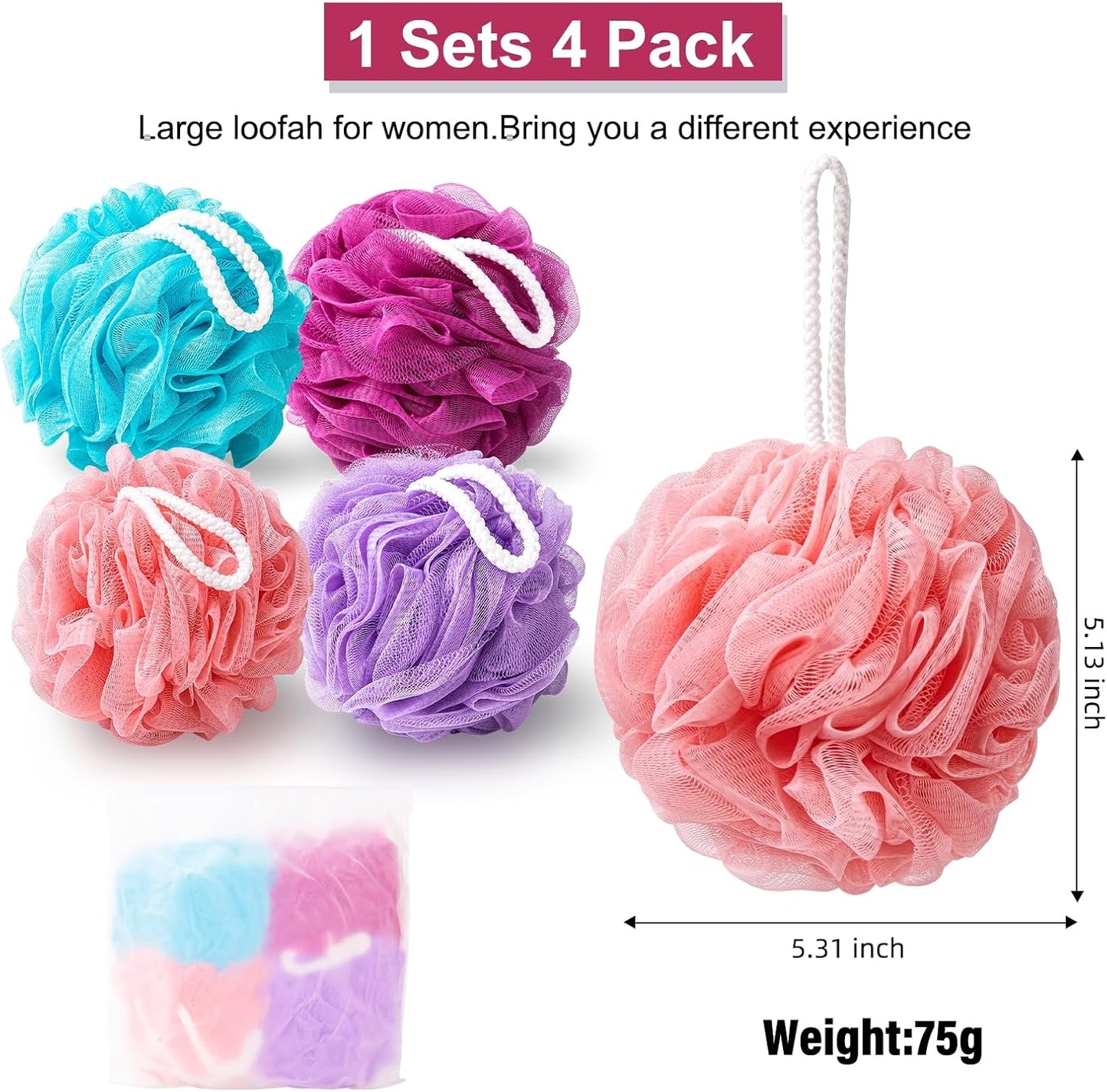 MTDLYICE Loofah Sponge XXL-100g 4 Pack, Bath Sponge Soft Mesh Shower Puff Loofah for Men, Exfoliating Body Scrubber for Women, Shower Accessories (Black)
