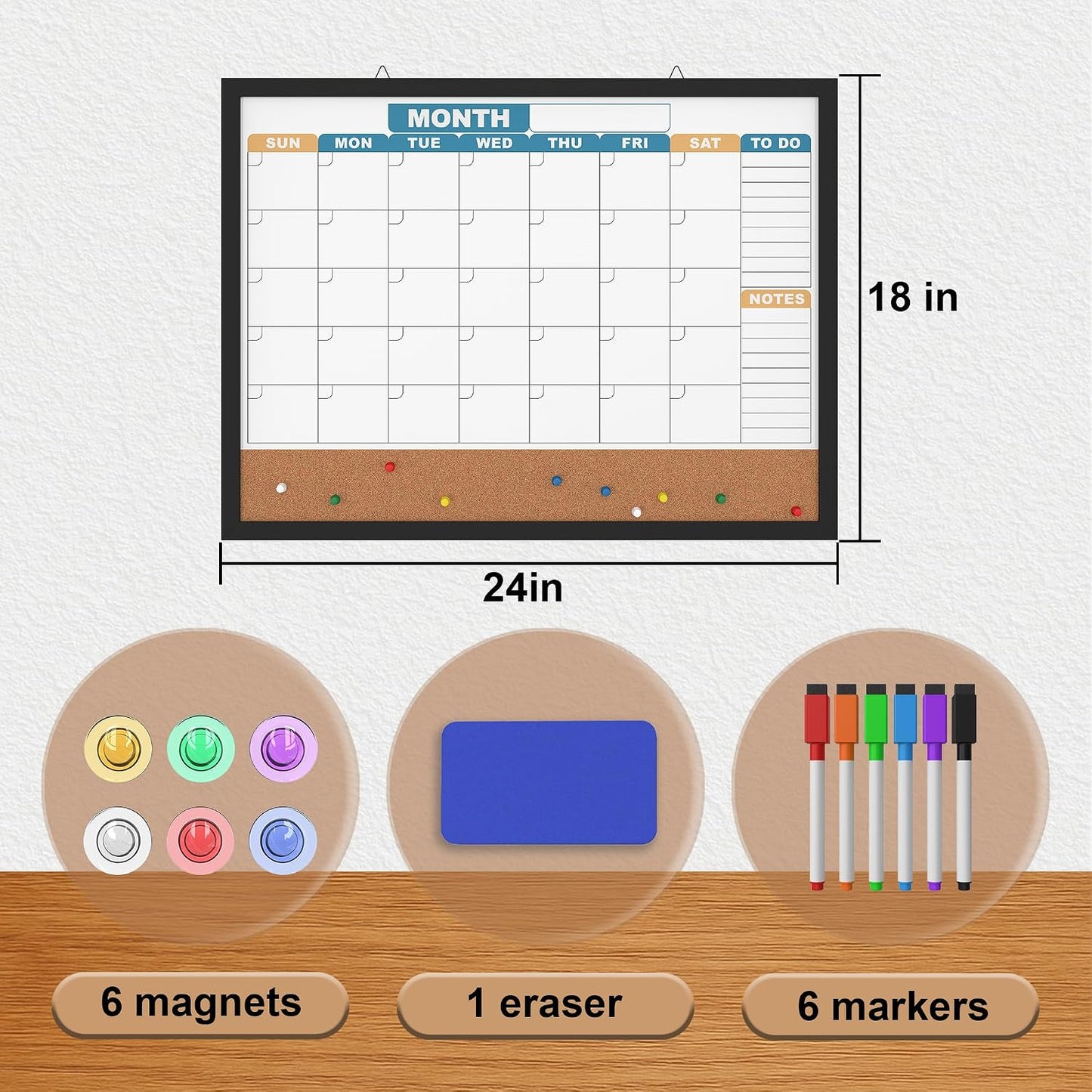 Monthly Calendar Dry Erase Board 16x12 Inch, Double-Sided Whiteboard and Corkboard Combo, Wall Mounted Planner Organizer with Markers, Magnets, Push Pins, Eraser, for Home Office School