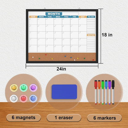 Monthly Calendar Dry Erase Board 16x12 Inch, Double-Sided Whiteboard and Corkboard Combo, Wall Mounted Planner Organizer with Markers, Magnets, Push Pins, Eraser, for Home Office School