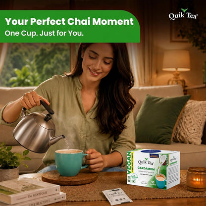 QuikTea Instant Masala Chai Tea Latte, 20 Single-Serve Sachets, Artisanal Indian Chai Latte Mix, Just Add Hot Water, Low Caffeine, Non-GMO, Gluten Free.