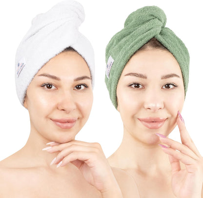 American Soft Linen 100% Cotton Hair Towels for Women, Head Towel Cap, Cotton Hair Turban Towel Wrap for Long Curly Anti Frizz Hair, Soft and Absorbent Cotton Hair Towels 2 Pack, White
