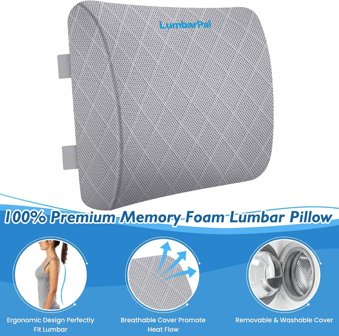 Lumbar Support Pillow for Office Chair Back Support Lumbar Pillow for Car, Gaming, Office Chair - Improve Sitting Posture & Back Pain Relief, Memory Foam, Adjustable Straps, Grey