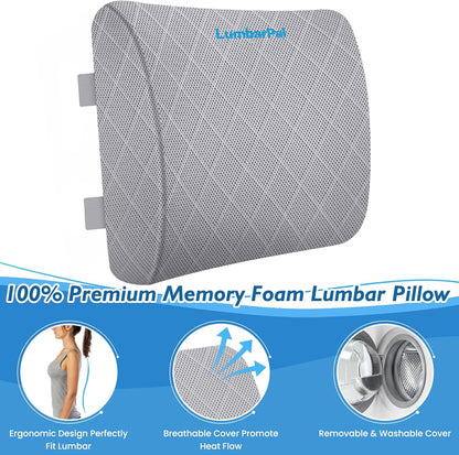 Lumbar Support Pillow for Office Chair Back Support Lumbar Pillow for Car, Gaming, Office Chair - Improve Sitting Posture & Back Pain Relief, Memory Foam, Adjustable Straps, Grey
