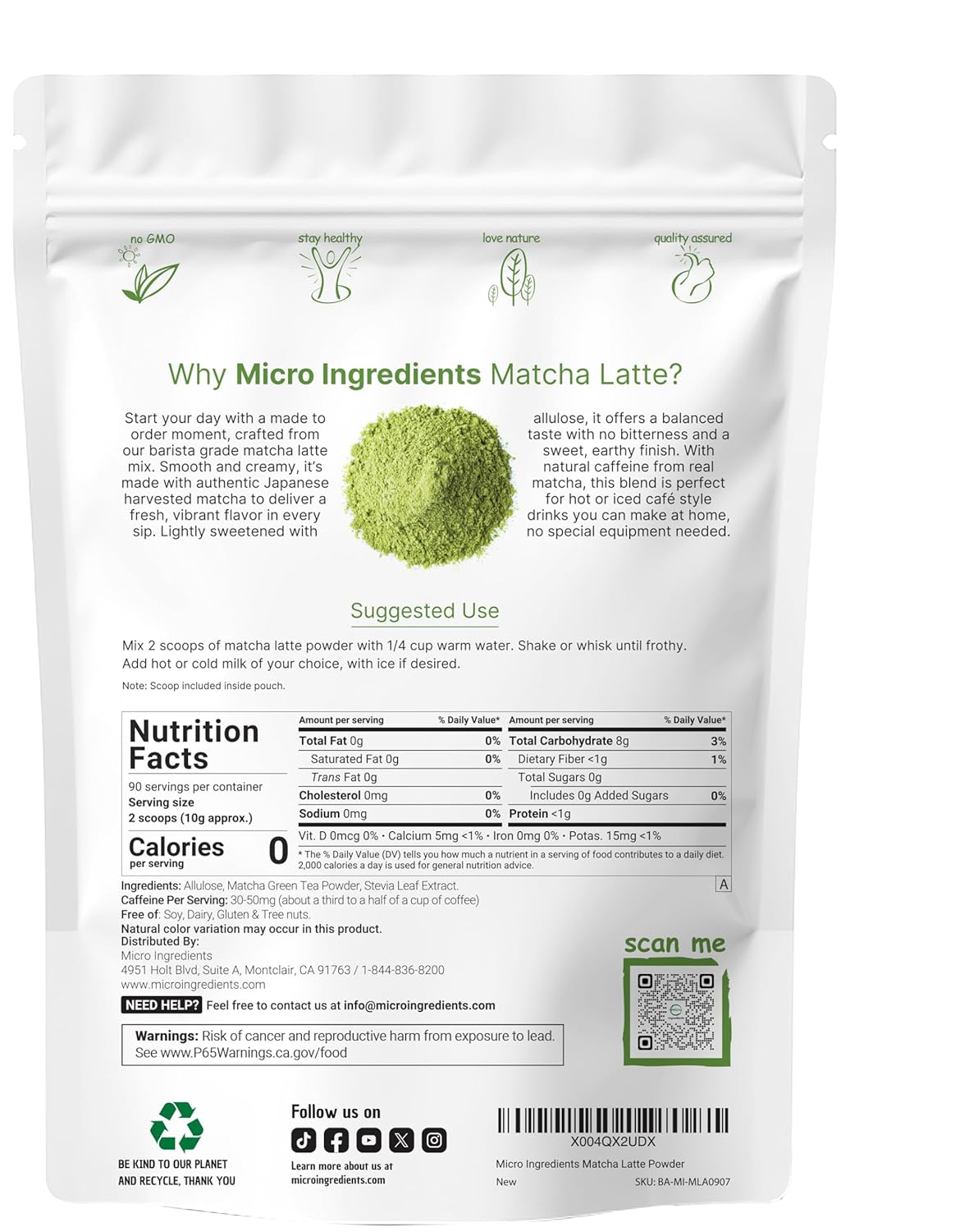 Matcha Latte Powder, 2lbs | Sugar Free Café Style Drink Mix | Sweetened Instant Matcha for Tea, Smoothies, & Iced or Hot Drinks | Natural Caffeine | Non-GMO, Dairy Free