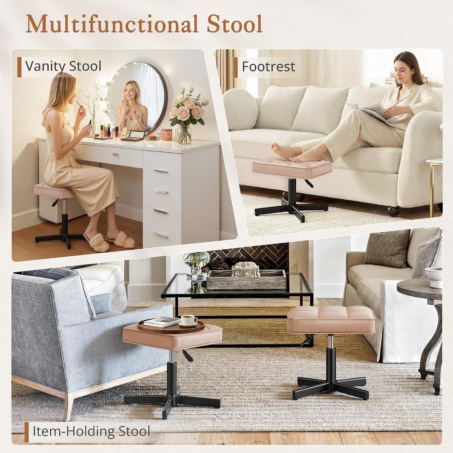 LUE BONA Adjustable Vanity Stool, Foot Rest Under Desk, 360° Swivel Vanity Chair for Makeup Room, Black Upholstered Faux Leather Ottoman for Bathroom & Living Room, 300lbs