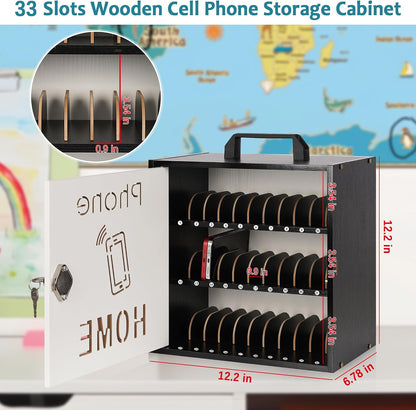 Wooden Phone Lock Box, Cell Phone Locker with 33 Adjustable Dividers | Phone Storage Cabinet with Security Lock & Handle, Desktop Phone Organizer for Classroom, Office & Repair Shops