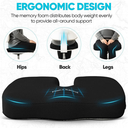 FORTEM Seat Cushion, Office Chair Cushion, Memory Foam Car Seat Cushions, Sciatica Coccyx Tailbone Pain Relief, Chair Cushions for Back Support, Sitting Pad for Gaming, Washable Cover, Non Slip