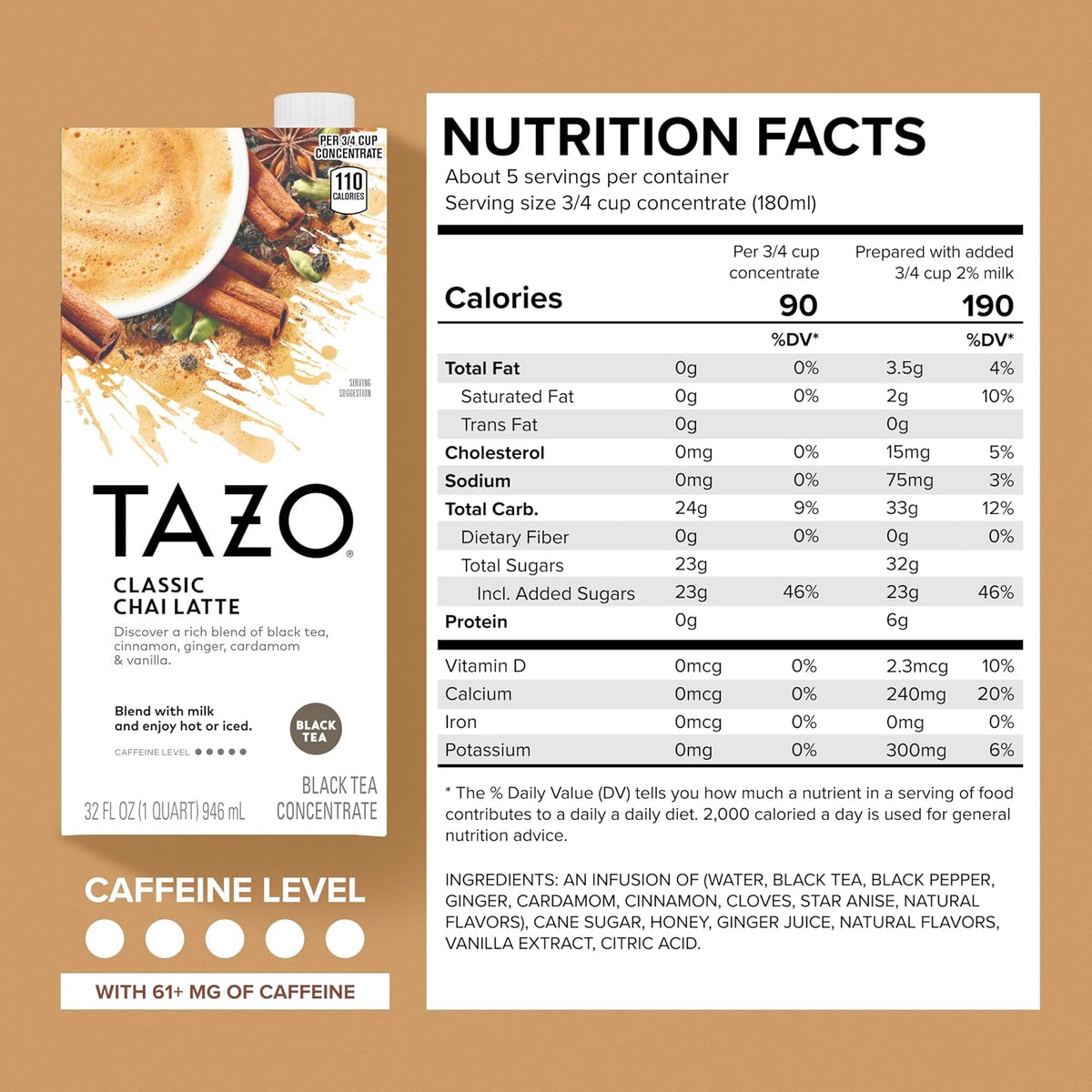 TAZO Classic Chai Latte Concentrate, 32 oz Carton