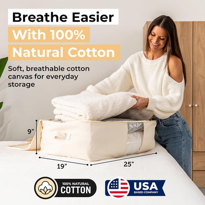 Soft Canvas Storage Bags with Zipper. Thick Breathable, 2pc King/Queen Comforter Organizer. Four Carrying Handles and Window. Large 25x19x9in Bag for Sheets Blankets Bedding Pillows, Clothes