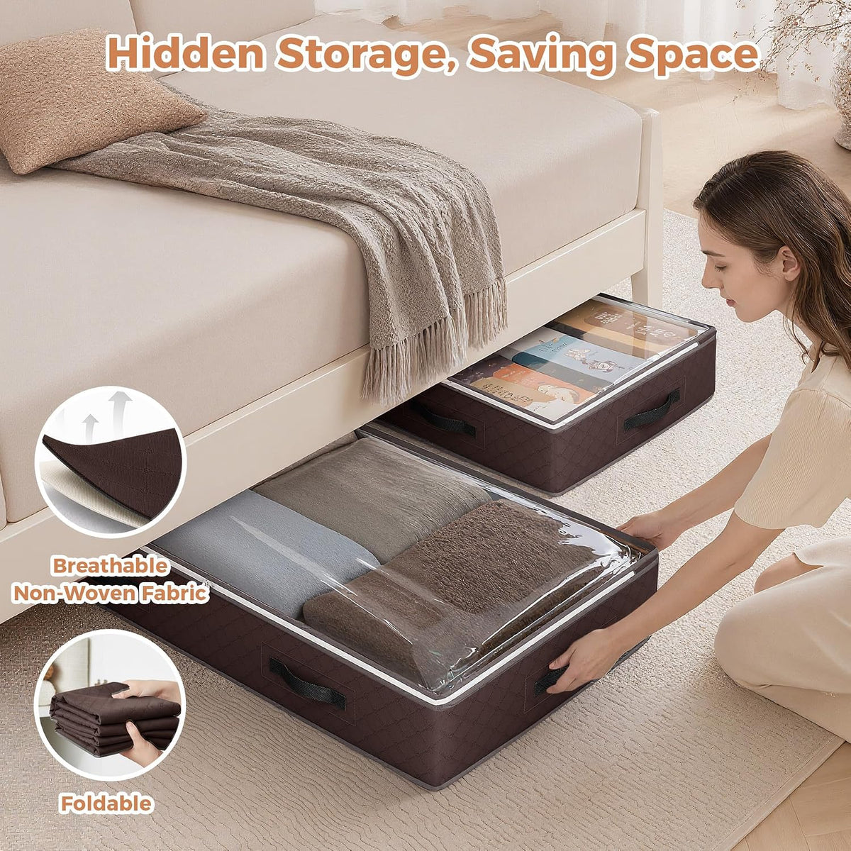 Budding Joy 95L Under Bed Storage Containers, 4 Pack Closet Organizers Grey