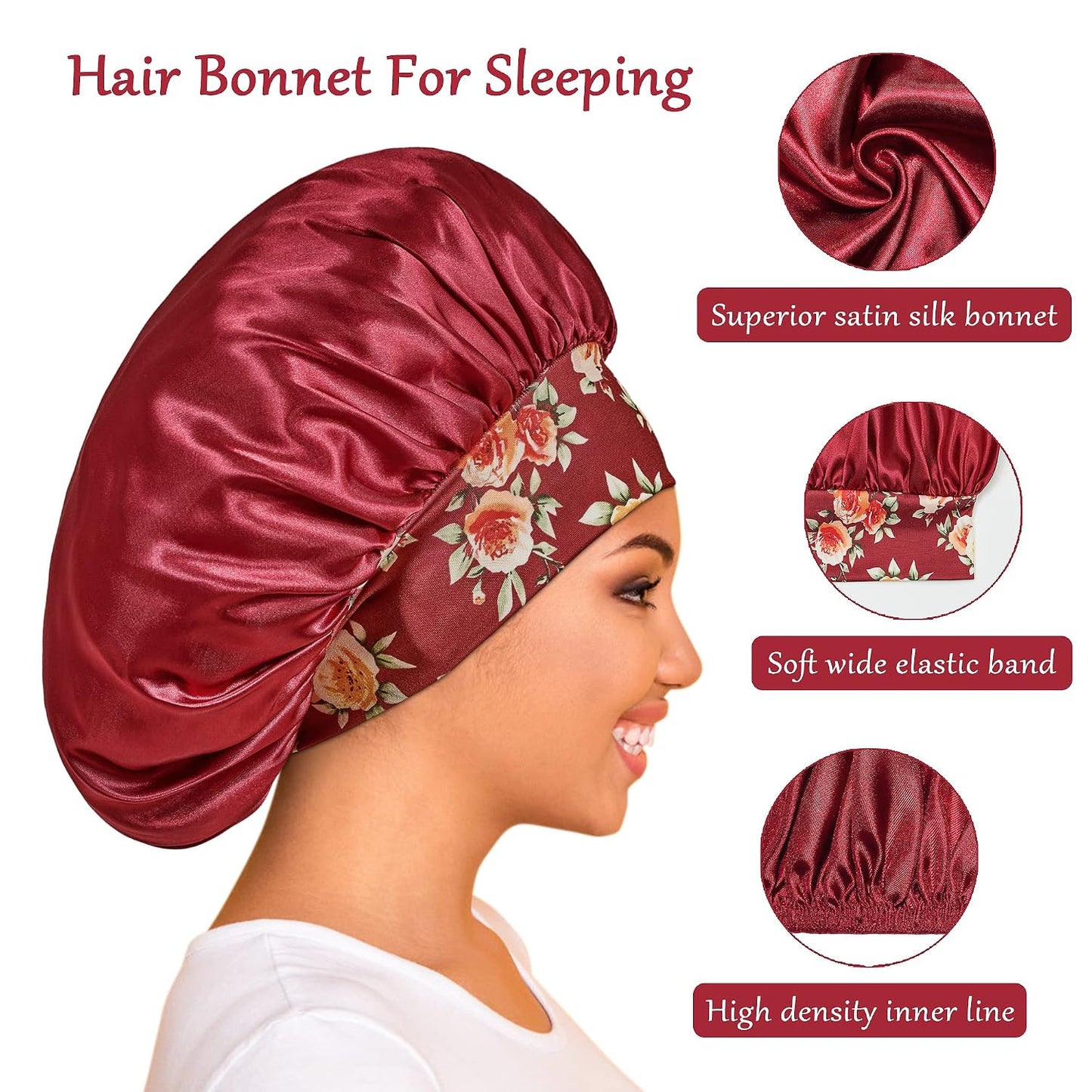 3 Pack Satin Bonnet Silk Hair Bonnet for Sleeping, Sleep Bonnets for Women Large Wide Soft Band Sleep Cap for Curly Hair Braids