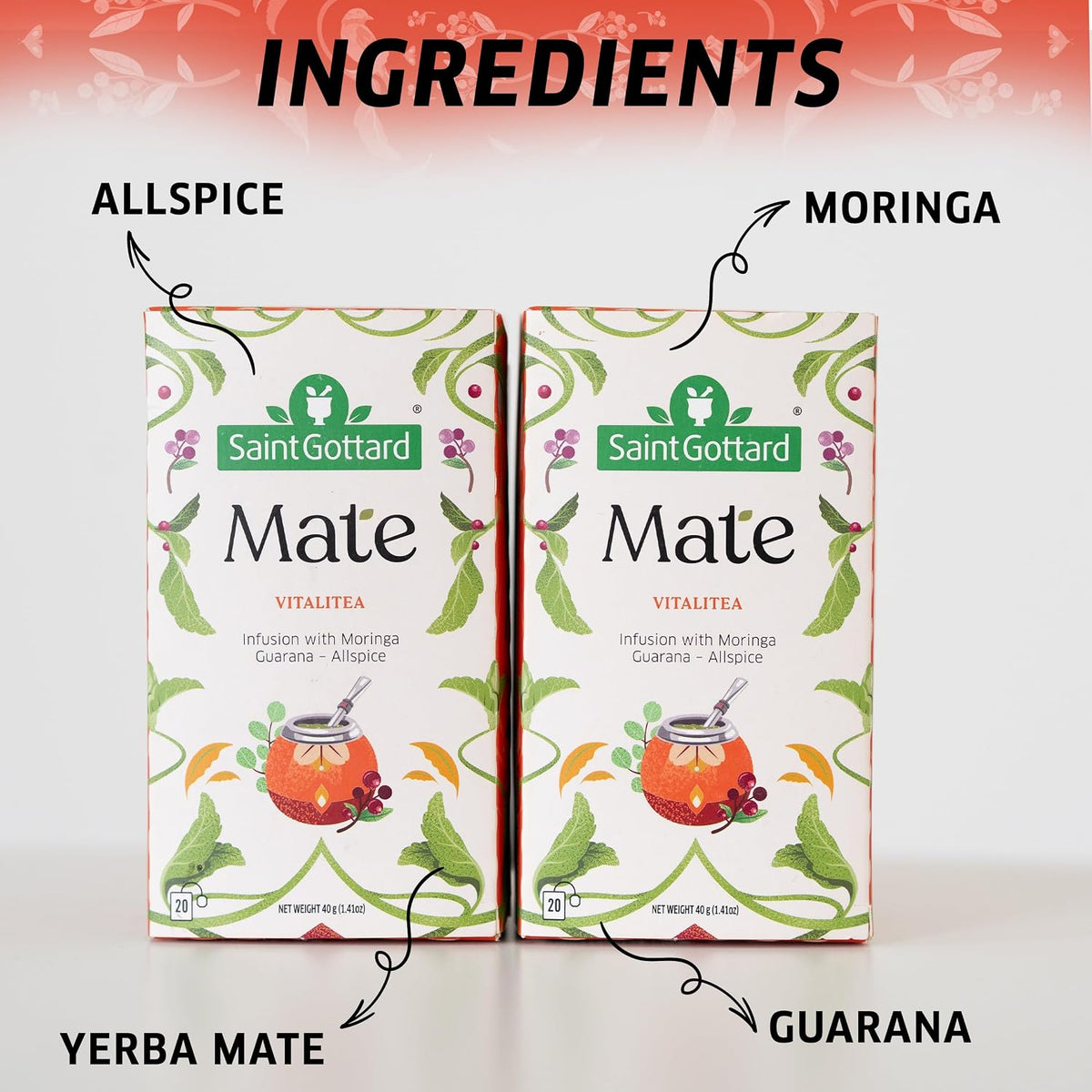 Saint Gottard Mate Herbal Tea – Vitalitea Blend with Moringa, Guarana & Allspice – Natural Energy & Focus Support Tea – Organic Premium Botanical Infusion – 40 Tea Bags