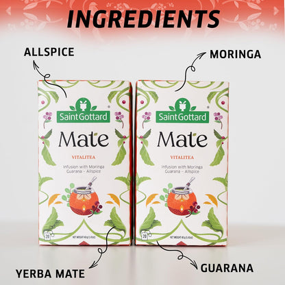 Saint Gottard Mate Herbal Tea – Vitalitea Blend with Moringa, Guarana & Allspice – Natural Energy & Focus Support Tea – Organic Premium Botanical Infusion – 40 Tea Bags