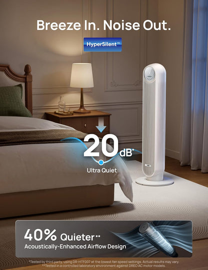 DREO Tower Fan for Bedroom, 2026 Upgraded DC Motor, 28ft/s High Velocity, 20dB Ultra Quiet Standing Fan, 8 Speeds 4 Modes, 90° Oscillating Bladeless Fan for Indoors, Floor Fans with Remote, Black