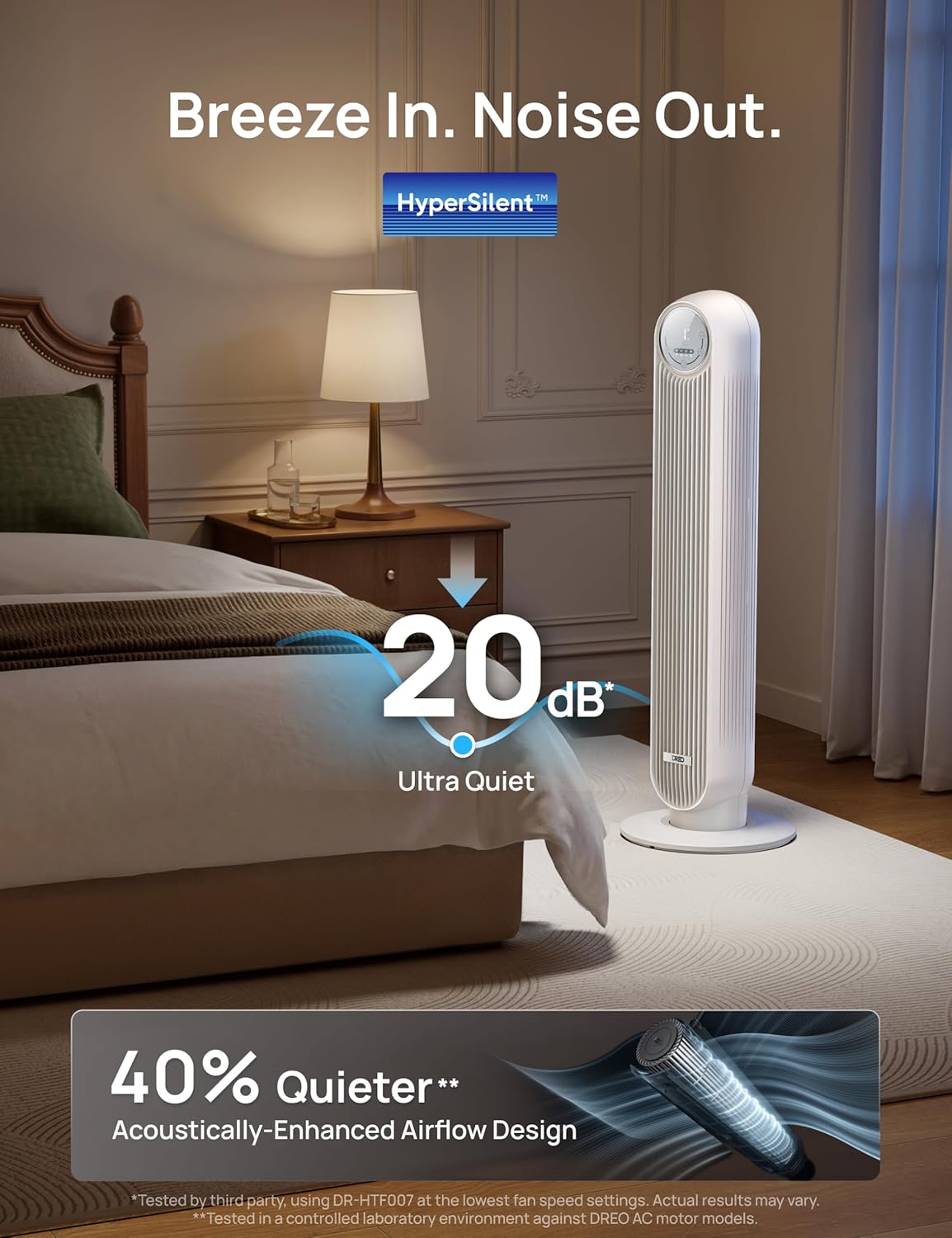 DREO Tower Fan for Bedroom, 2026 Upgraded DC Motor, 28ft/s Smart Standing Fans, 90° Oscillating Floor Fan with 20dB Ultra Quiet, 8 Speeds 4 Modes, 8H Timer, Bladeless, Remote, WiFi Voice Control