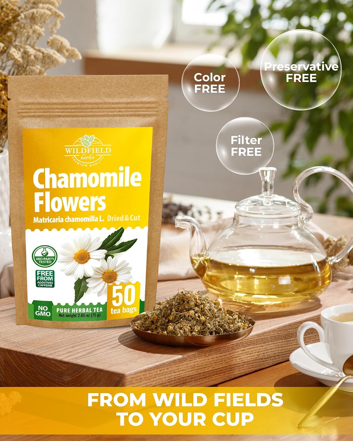 50 Bags Chamomile Flowers Herbal Tea (Matricaria Chamomilla) - 50 Count 1.5g Bags Dried Chamomile Flower Herb Tea Té De Manzanilla