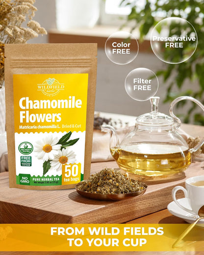 50 Bags Chamomile Flowers Herbal Tea (Matricaria Chamomilla) - 50 Count 1.5g Bags Dried Chamomile Flower Herb Tea Té De Manzanilla