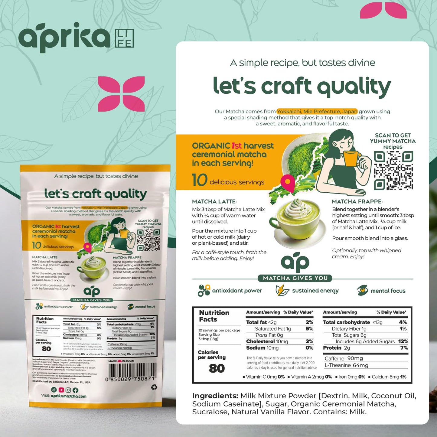 AprikaLife Sweet Matcha Latte Mix - 1st Harvest Ceremonial Grade - 6.4 oz