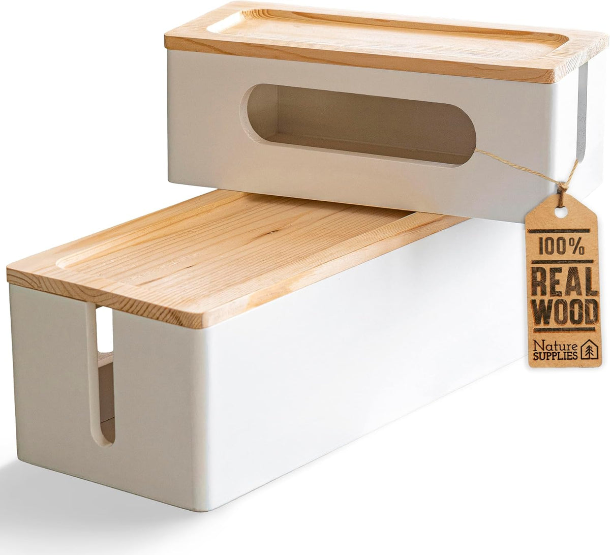 NATURE SUPPLIES Set of Two Natural Wood Cable Management Box, Large and Medium Cord Organizer to Hide Wires and Power Strips for TV, Desk, Computer, Router, Cable Storage and Cord Organization