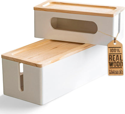 NATURE SUPPLIES Set of Two Natural Wood Cable Management Box, Large and Medium Cord Organizer to Hide Wires and Power Strips for TV, Desk, Computer, Router, Cable Storage and Cord Organization