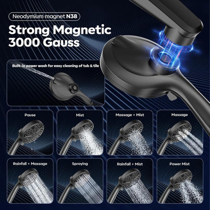 Rain Shower Head with filtered Handheld High Pressure rainfall Shower Heads with Handheld Spray Combo Adjustable one-piece stand daul shower head Built-in Magnetic Docking and Power Jets